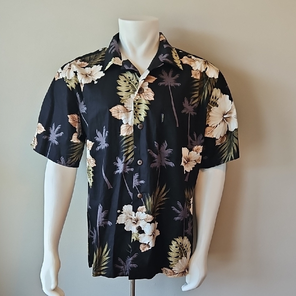 Palmwave Hawaii Men's Black Tropical Floral Short-Sleeve Button-Down Shirt